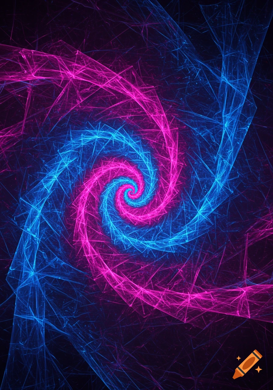 A vibrant abstract fractal art piece featuring intertwining spirals of bright pink and blue lines on a dark background.