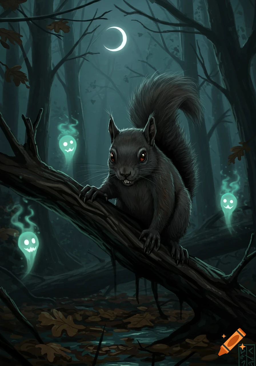 A sinister black squirrel with red eyes and small fangs perches on a dark branch in a moonlit forest with glowing green ghosts.