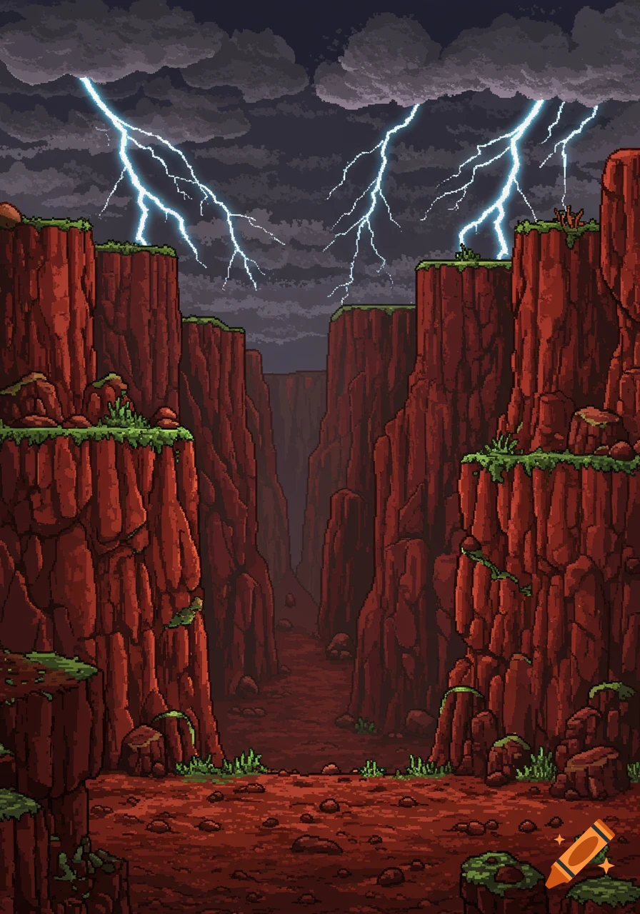 Pixel art canyon with red rock walls, green moss, and dark stormy clouds with bright lightning strikes.
