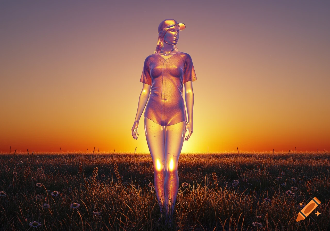 A translucent, iridescent glass woman in a baseball jersey and cap stands in a field at sunset.