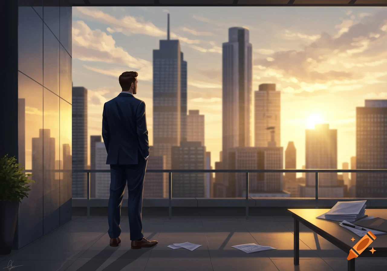 Stylized illustration of a businessman in a suit standing on a high-rise balcony, looking out at a city skyline bathed in golden hour light.