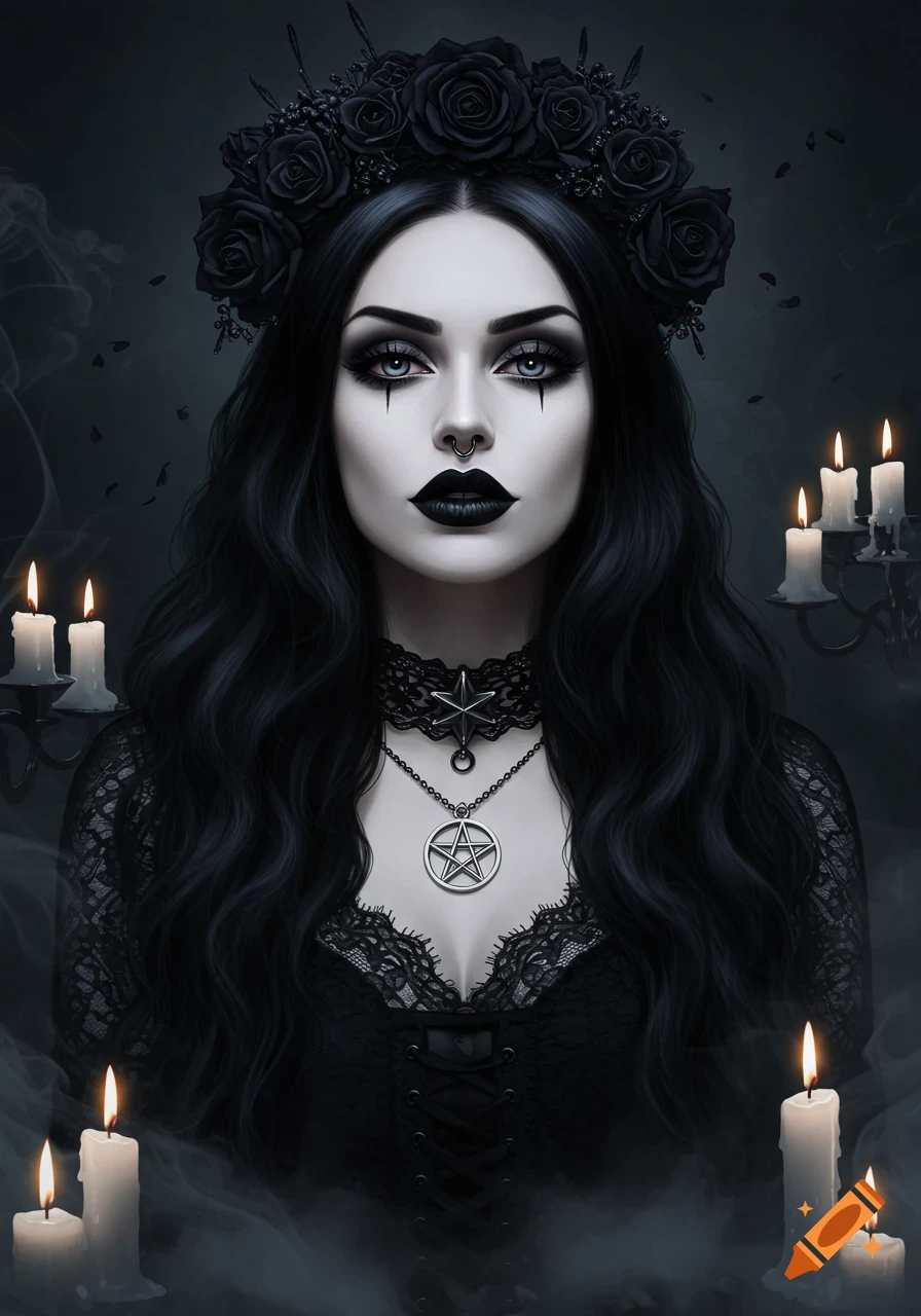 A pale gothic woman with long black hair, a black rose crown, dark makeup, and a pentagram necklace, surrounded by candlelight and smoke.