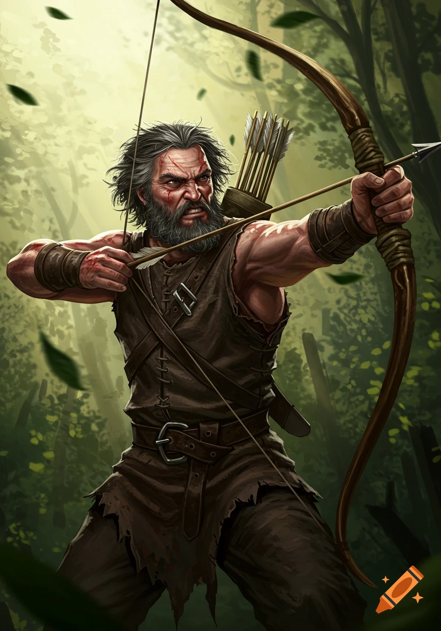 A very angry, scarred man with a graying beard, dressed in leather, aims a large bow in a sunlit forest. Fantasy illustration.