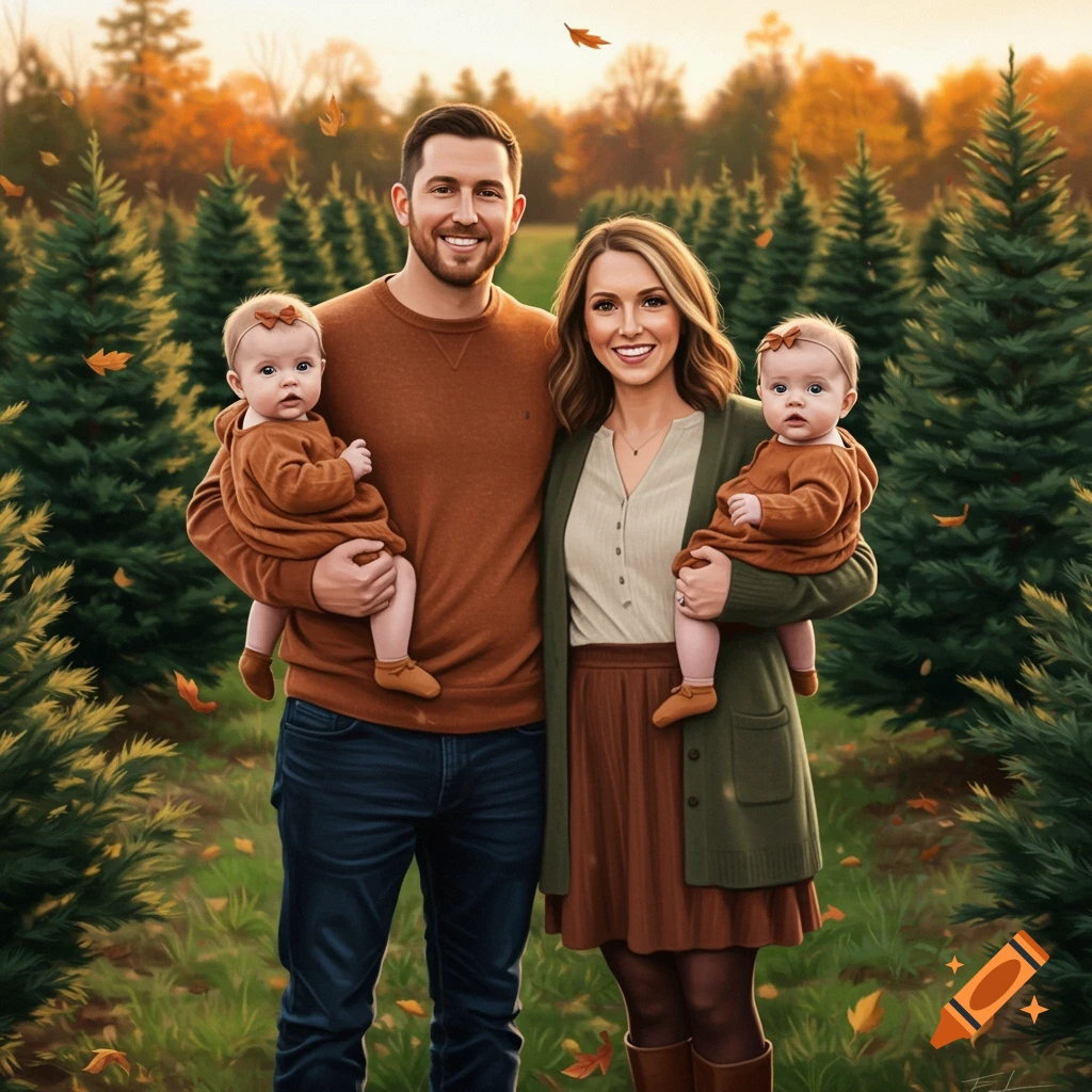 A photorealistic family portrait of a smiling couple holding twin babies in a tree farm during autumn.