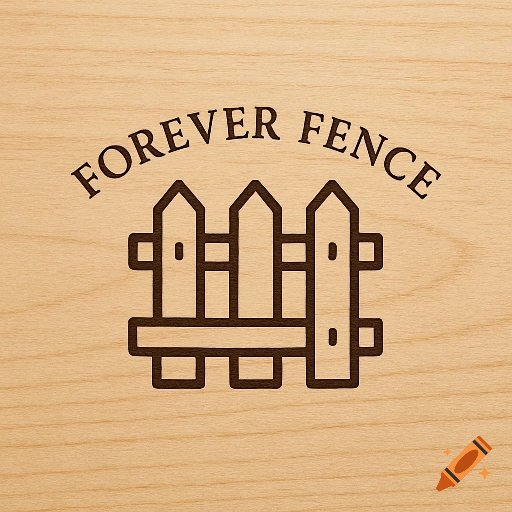 A simple branded logo on light wood showing an outlined picket fence with the words 'FOREVER FENCE' curved above it.