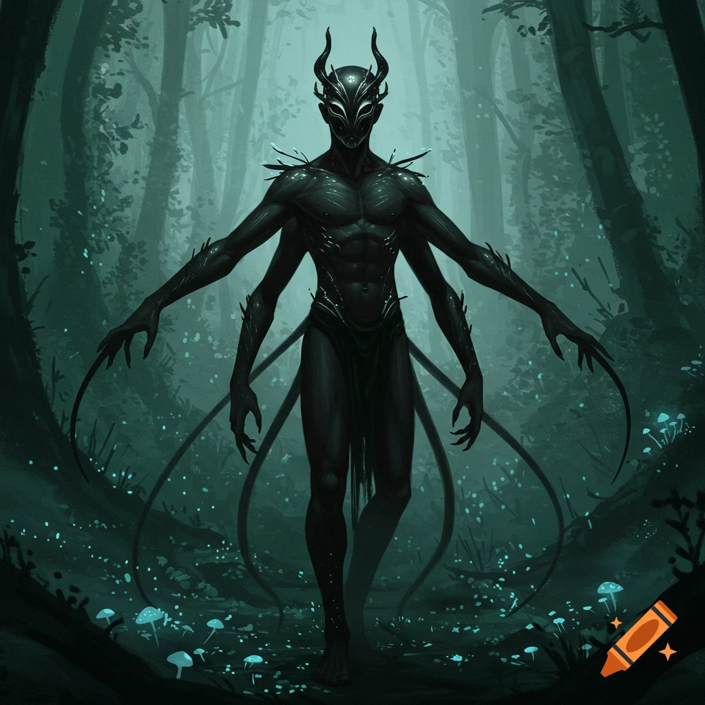 A dark, humanoid creature with four arms, a horned mask, and glowing lines stands in a misty forest with blue glowing mushrooms. Digital fantasy art.