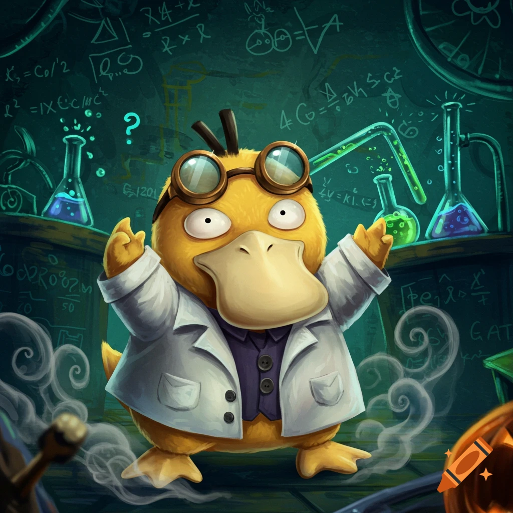 An illustrated Psyduck wearing a lab coat and goggles, acting as a mad scientist in a laboratory with beakers and equations.