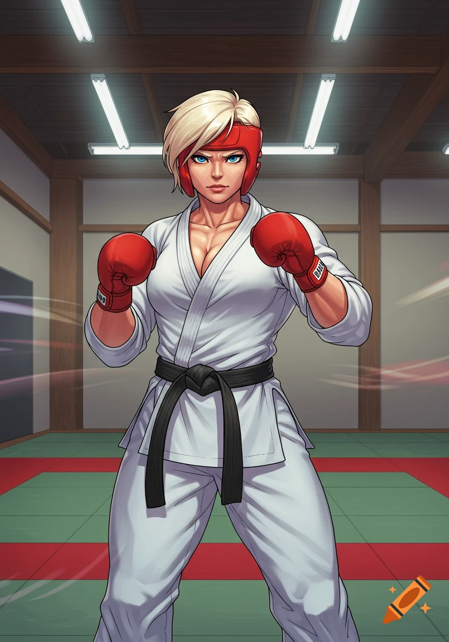 An anime-style blonde woman in a white karate gi, red headgear, and red sparring gloves stands in a dojo.