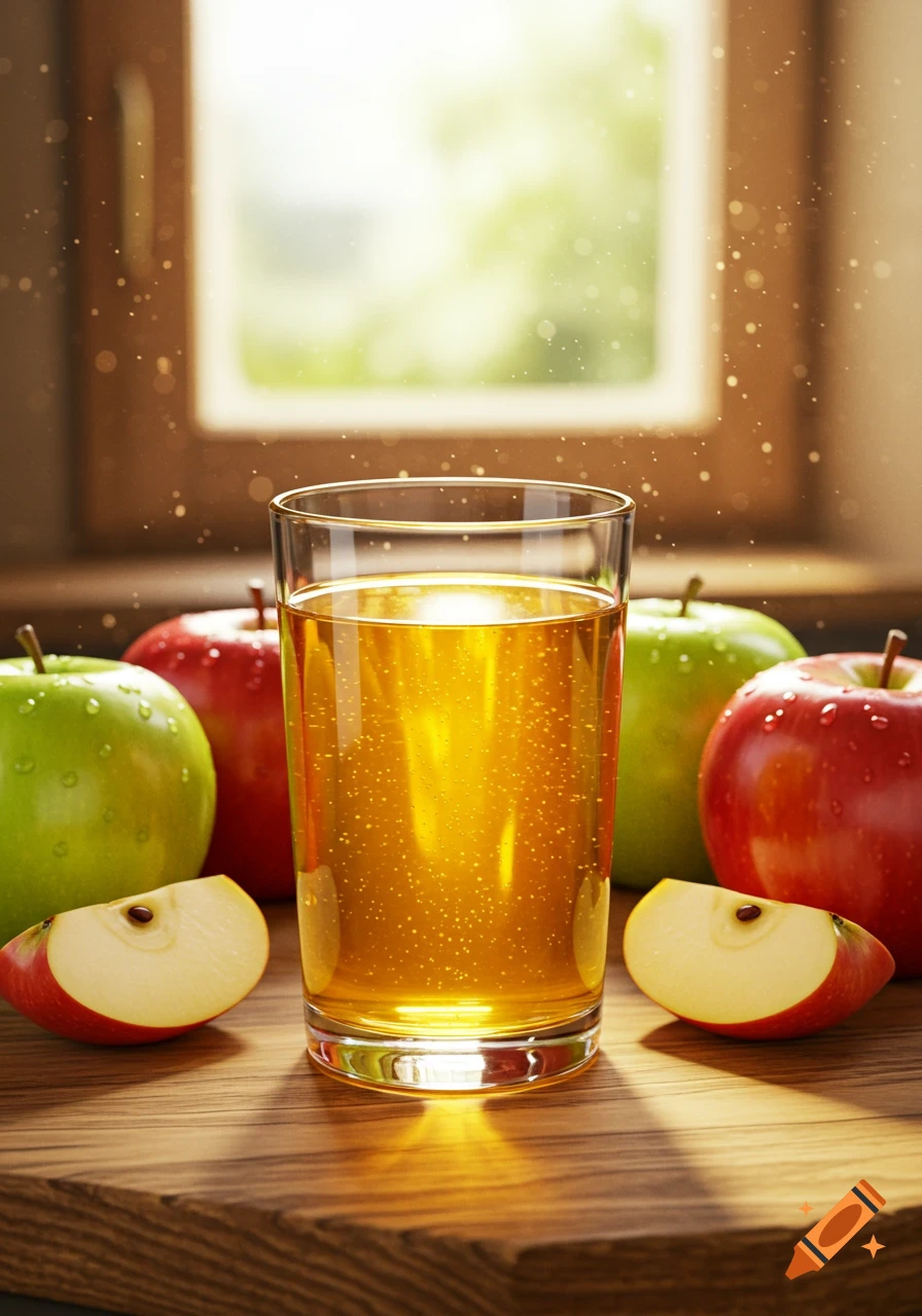 A photorealistic close-up of a glass of apple juice on a wooden table, surrounded by whole red and green apples and apple slices, with sunlit motes in the background.