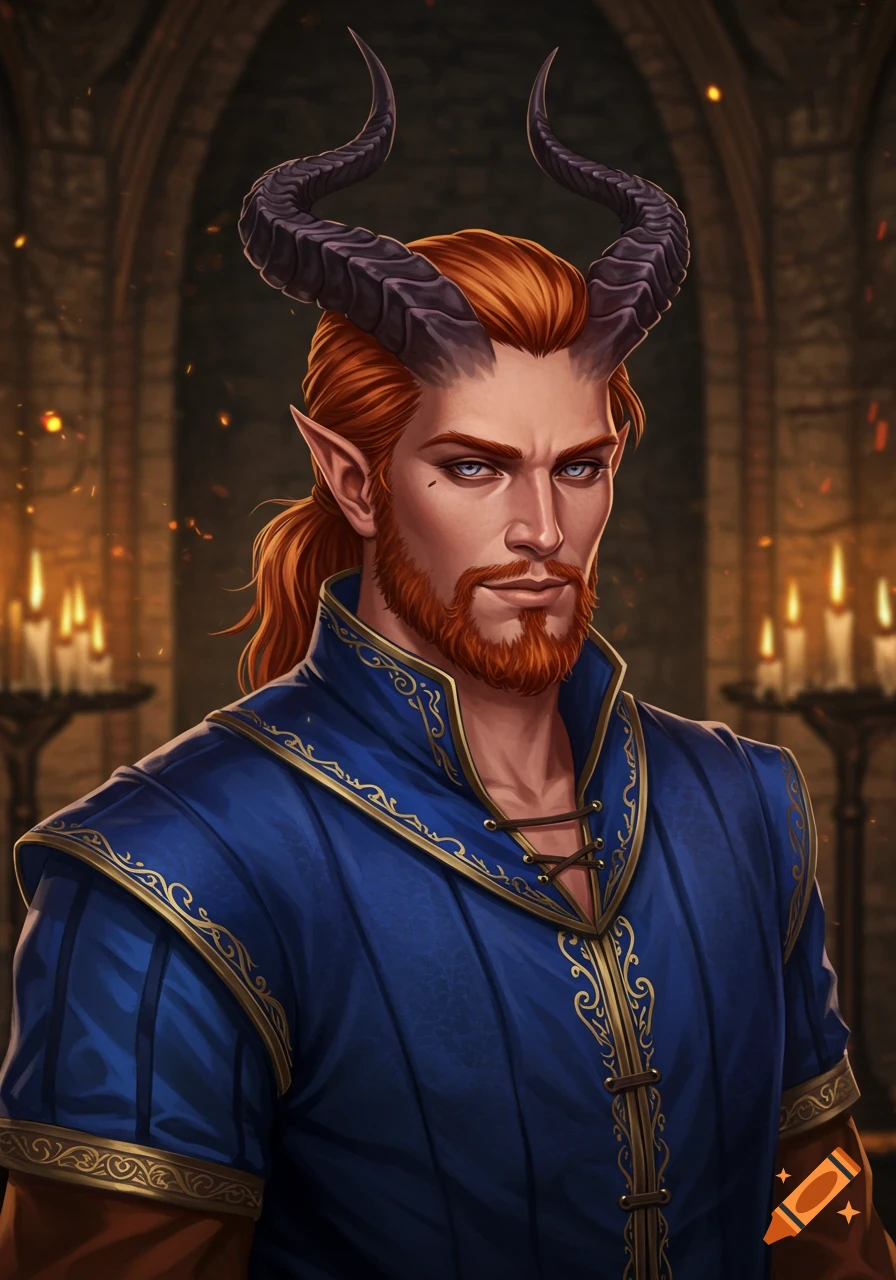 A fantasy portrait of a horned man with red hair and beard, wearing a blue and gold medieval tunic, in a dimly lit castle.