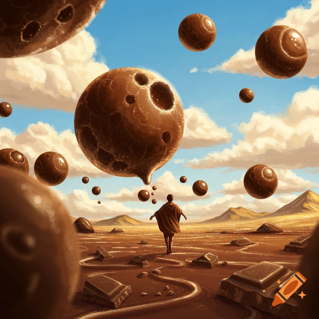 A person walks through a surreal chocolate landscape under a sky filled with floating chocolate planets and clouds.