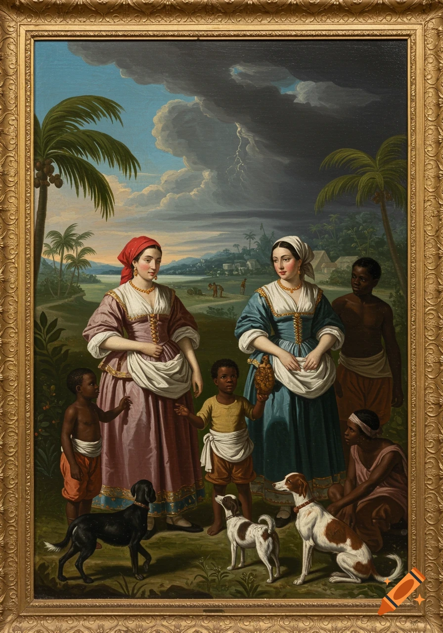 Oil painting of two elegantly dressed women with children, Black servants, and dogs in a tropical landscape under a stormy sky.