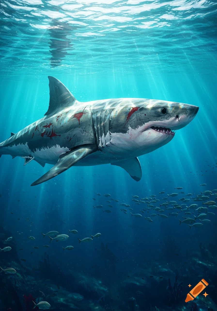 A great white shark with red marks on its body swims underwater amidst schools of fish, with sun rays piercing the surface.