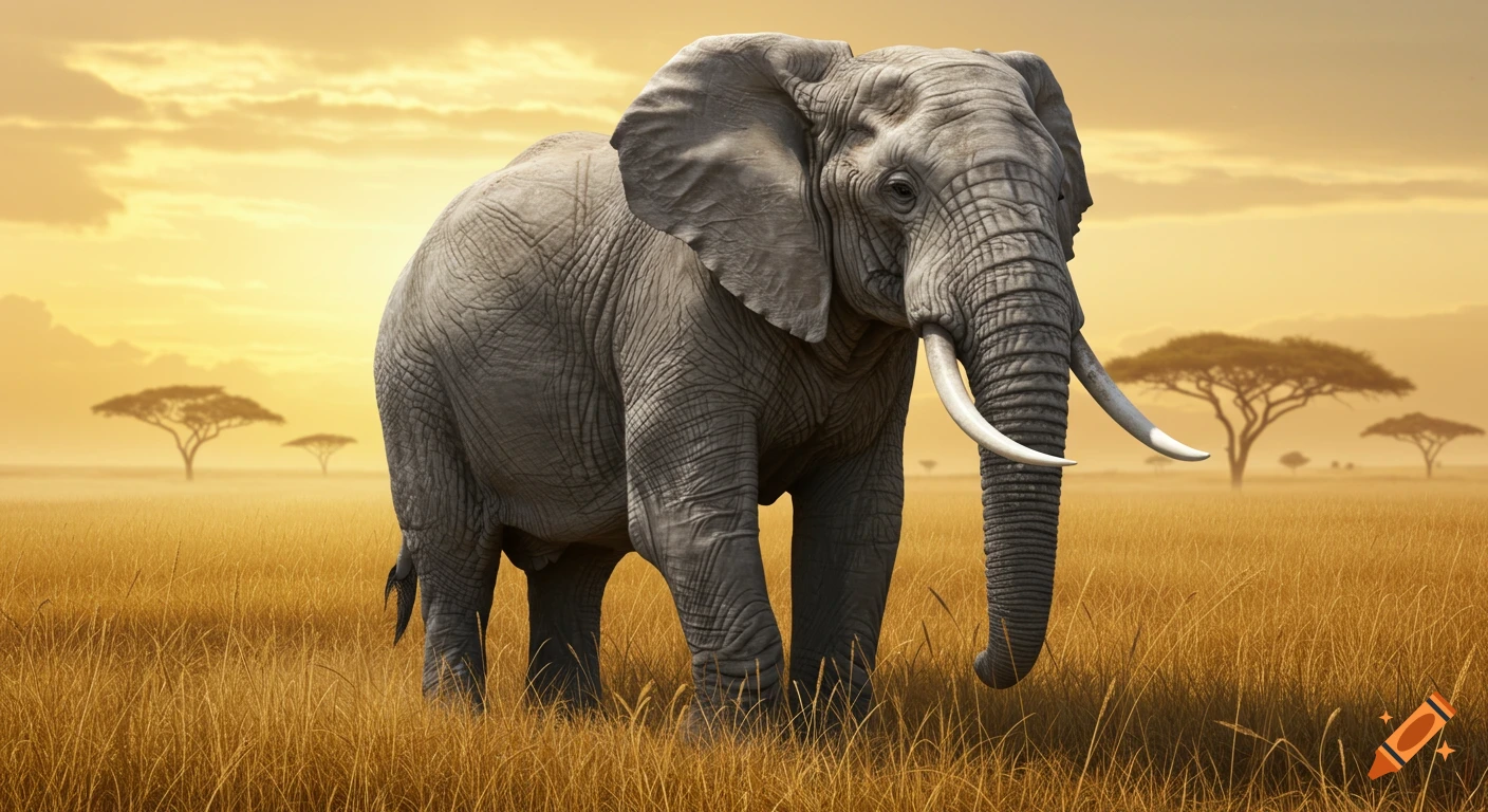 A large photorealistic elephant stands in tall golden grass in a savanna at sunset.