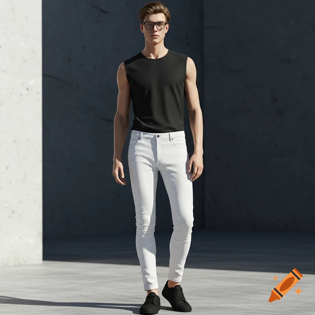 A photorealistic young man in a black sleeveless shirt, white skinny jeans, black sneakers, and glasses stands against a concrete wall.