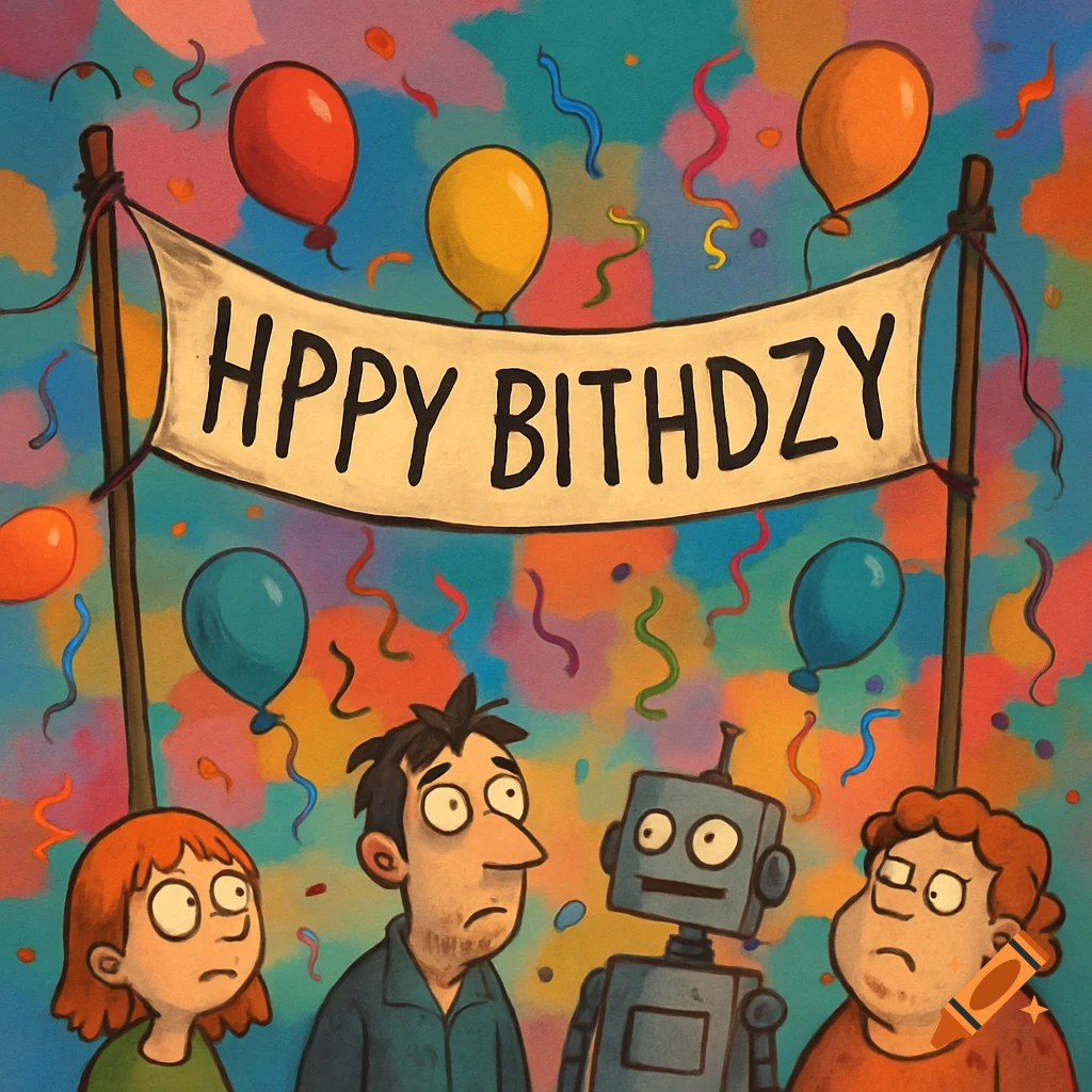 Cartoon of a sad group of people and a robot below a 'HPPY BITHDZYY' banner with balloons and confetti.