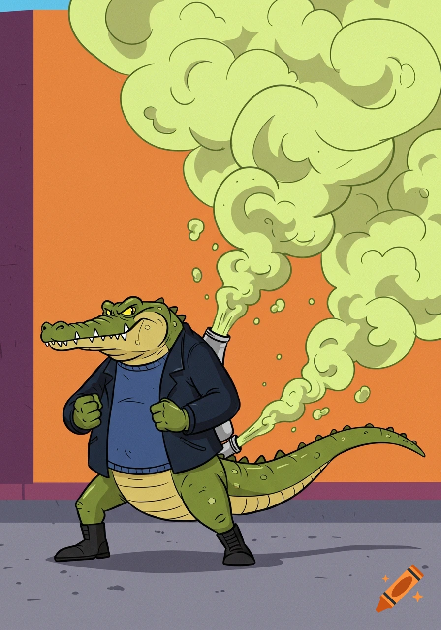 A cartoon crocodile wearing a black jacket and blue sweater farts green fumes, standing with clenched fists.