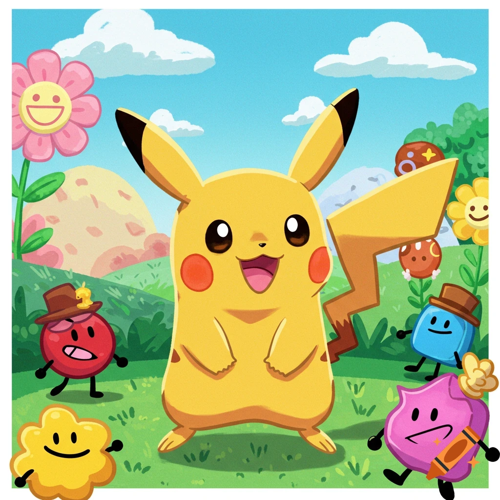 Pikachu and several colorful, object-like BFDI characters with faces stand in a cheerful, cartoon landscape.