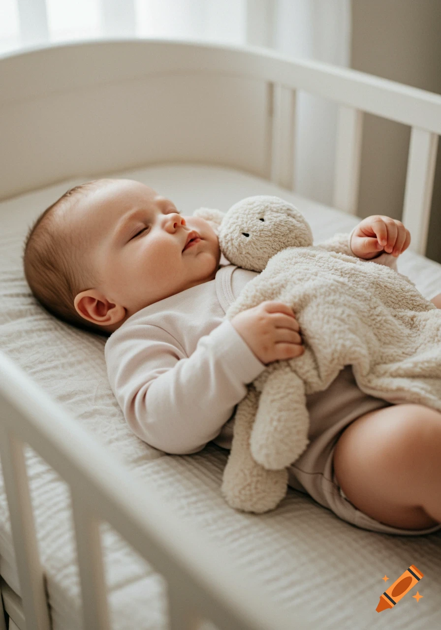A sleeping baby in a white crib, dressed in a light pink onesie, cuddling a fluffy white stuffed animal.