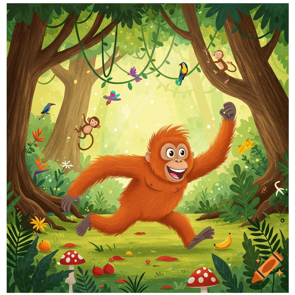 A happy cartoon orangutan runs through a lush, sun-dappled jungle, surrounded by monkeys, birds, and vibrant plants.