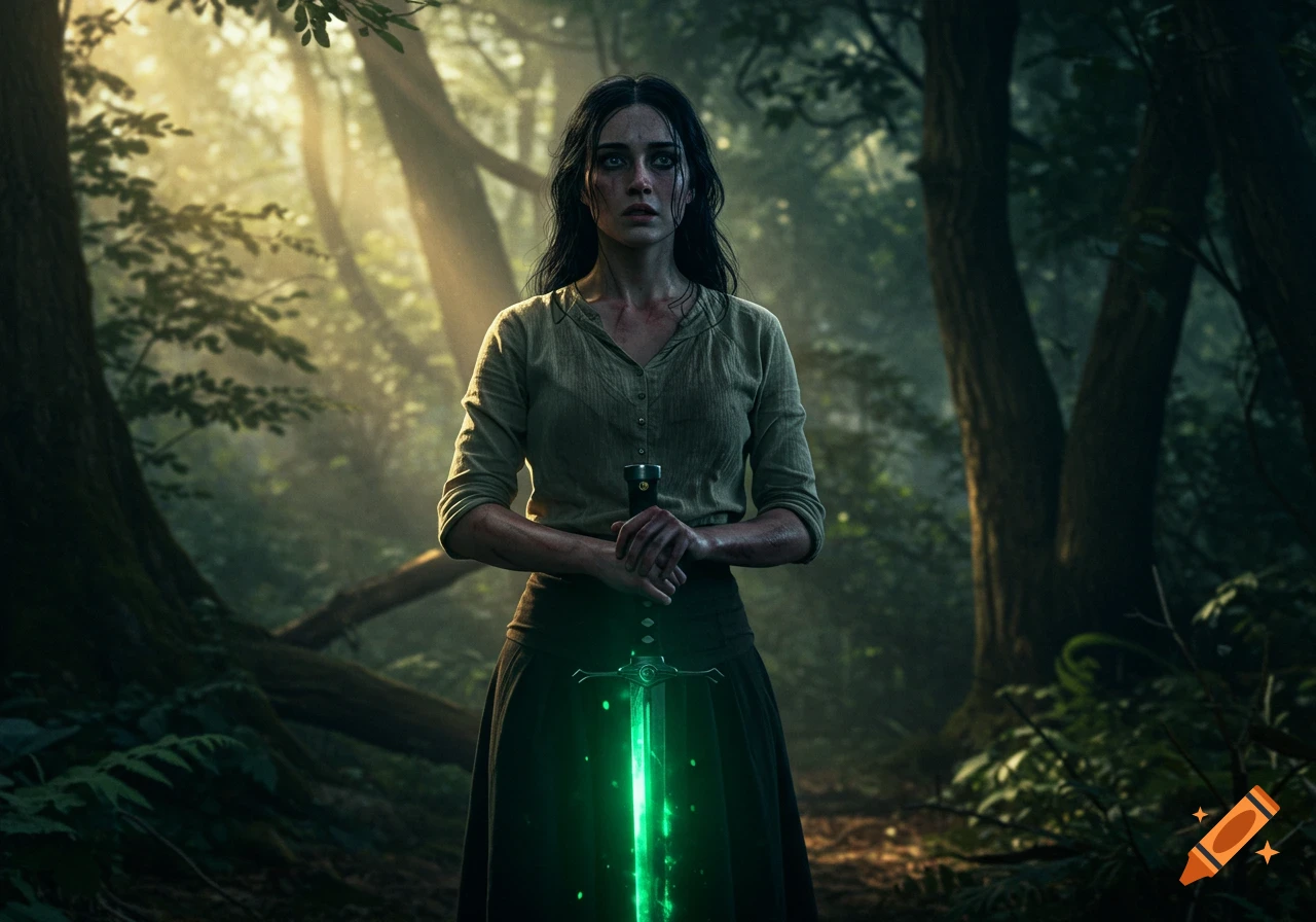 A young woman in a shadowed forest holds a glowing green longsword, in a dark fantasy digital painting style.