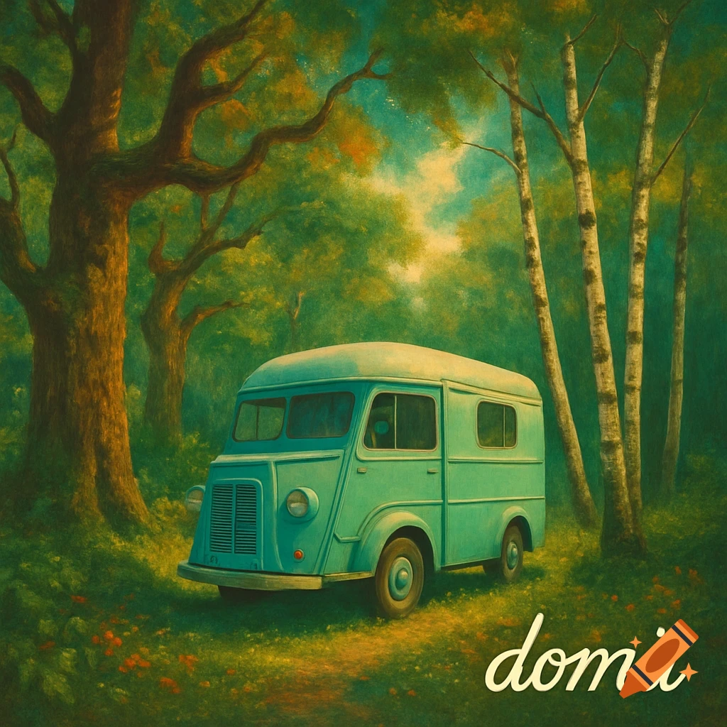 A vintage turquoise van parked on a grassy path in a lush green forest with tall trees, in a painterly style with "domii" in the corner.