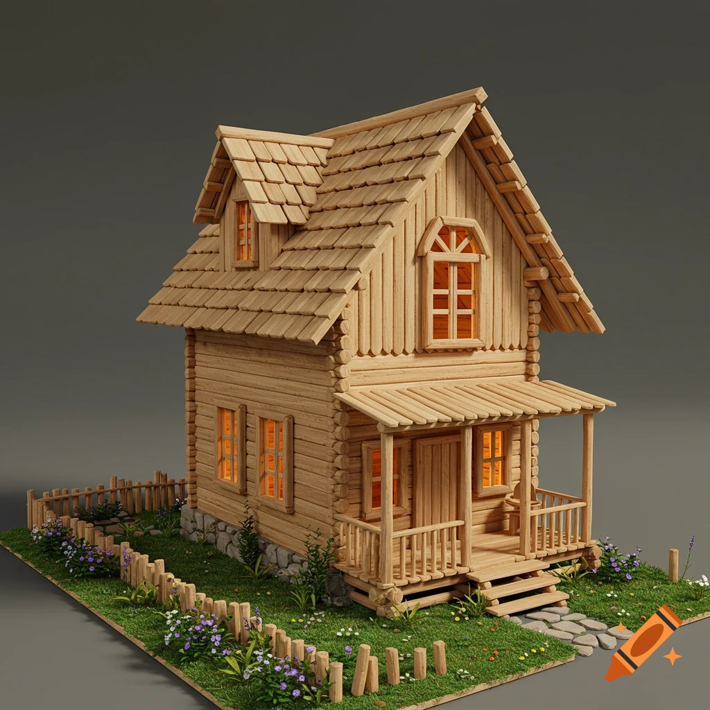 A charming two-story house model crafted from light wooden paddle pop sticks, with glowing windows, a small garden, and a fence.