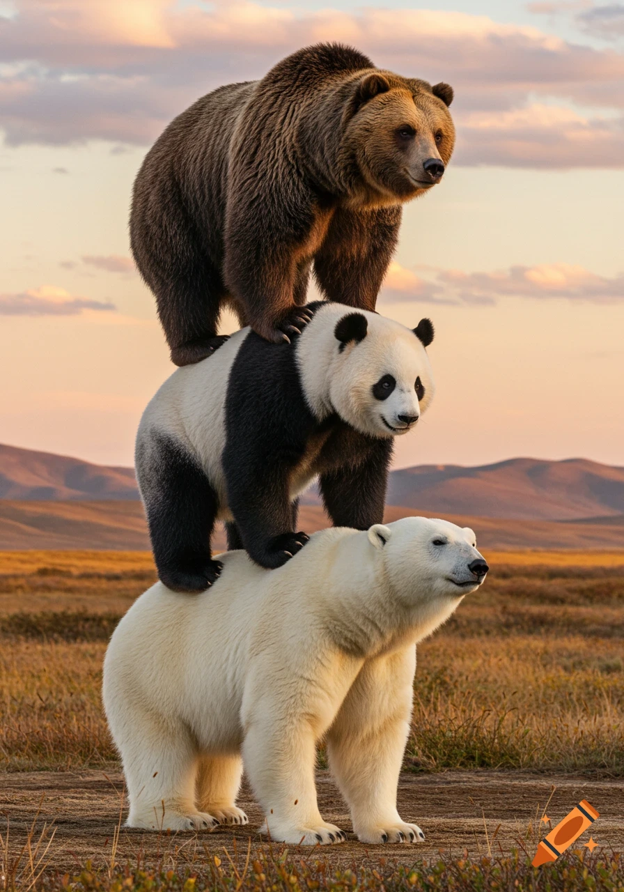 A photorealistic image of a grizzly bear, a panda, and a polar bear stacked vertically in a grassy field at sunset.
