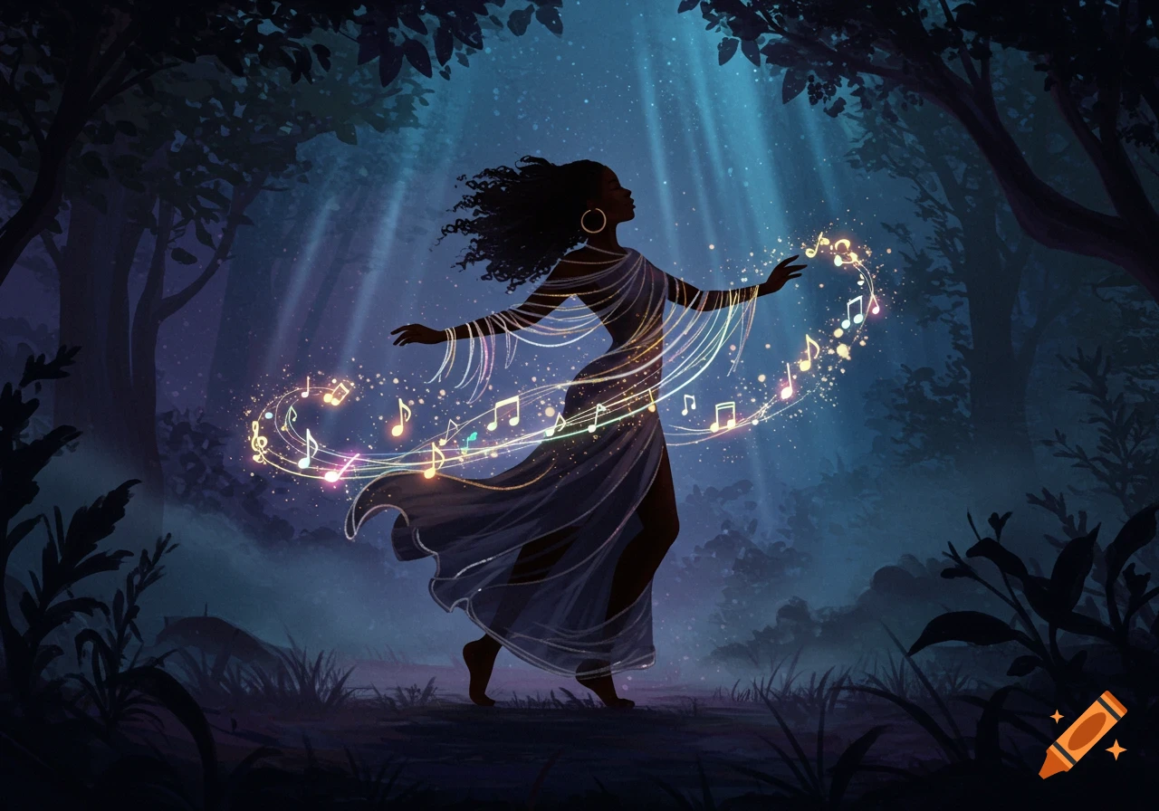 Silhouette of a Black woman dancing in a mystical forest, with glowing musical notes swirling around her in ethereal light.