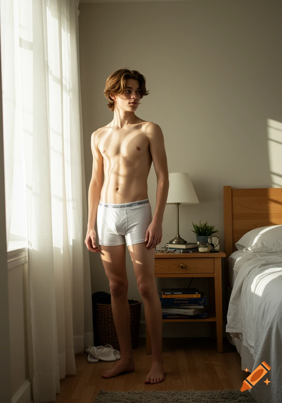 A young man with shoulder-length brown hair stands shirtless in white boxer briefs by a sunlit window in a bedroom.