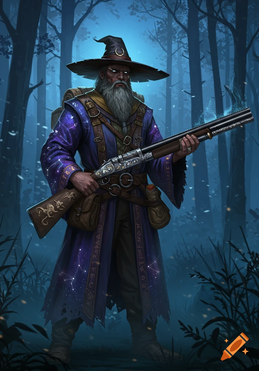 A stern wizard with a long white beard and a pointed hat stands in a dark, misty forest, holding a detailed shotgun. He wears a purple robe decorated with constellations and runes.