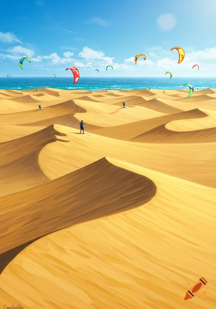 Kitesurfers on golden sand dunes with a blue ocean and sky in the background, in a vibrant illustrative style.