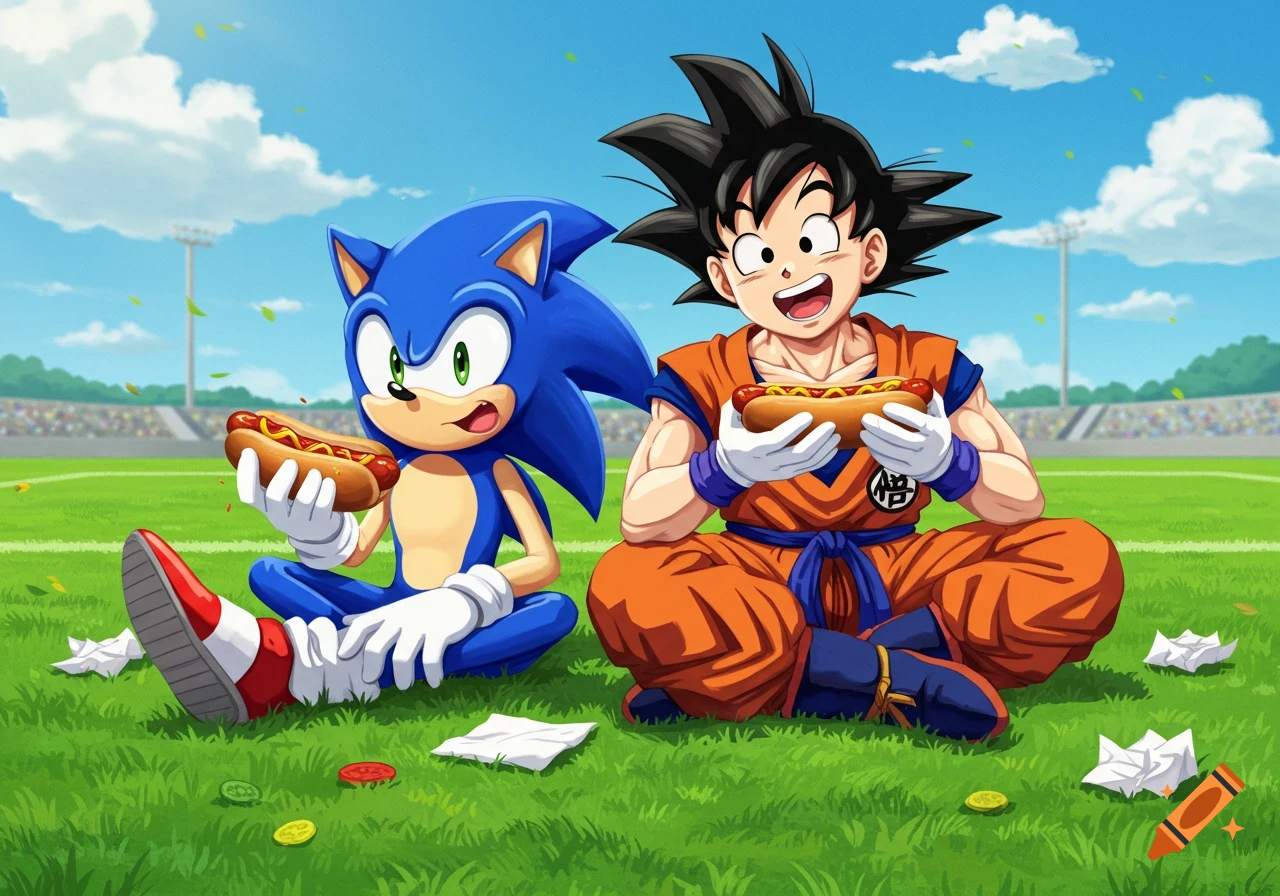 Cartoon Sonic and Goku sit on a green soccer field, eating hotdogs.