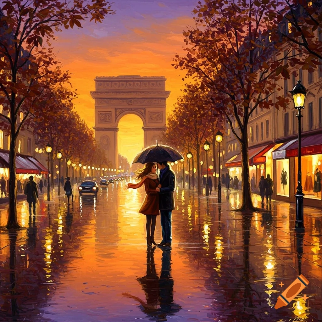 Painterly scene of a couple under an umbrella on a rainy Champs-Élysées at sunset, with the Arc de Triomphe in the background.