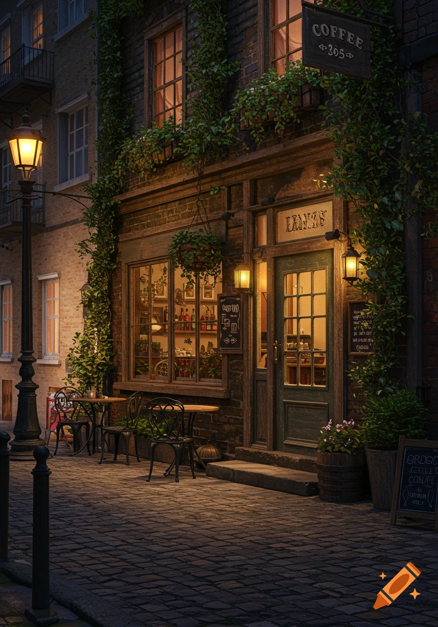 A charming, rustic coffee shop exterior at night, adorned with lush green plants, warm glowing windows, and tables on a cobblestone street.
