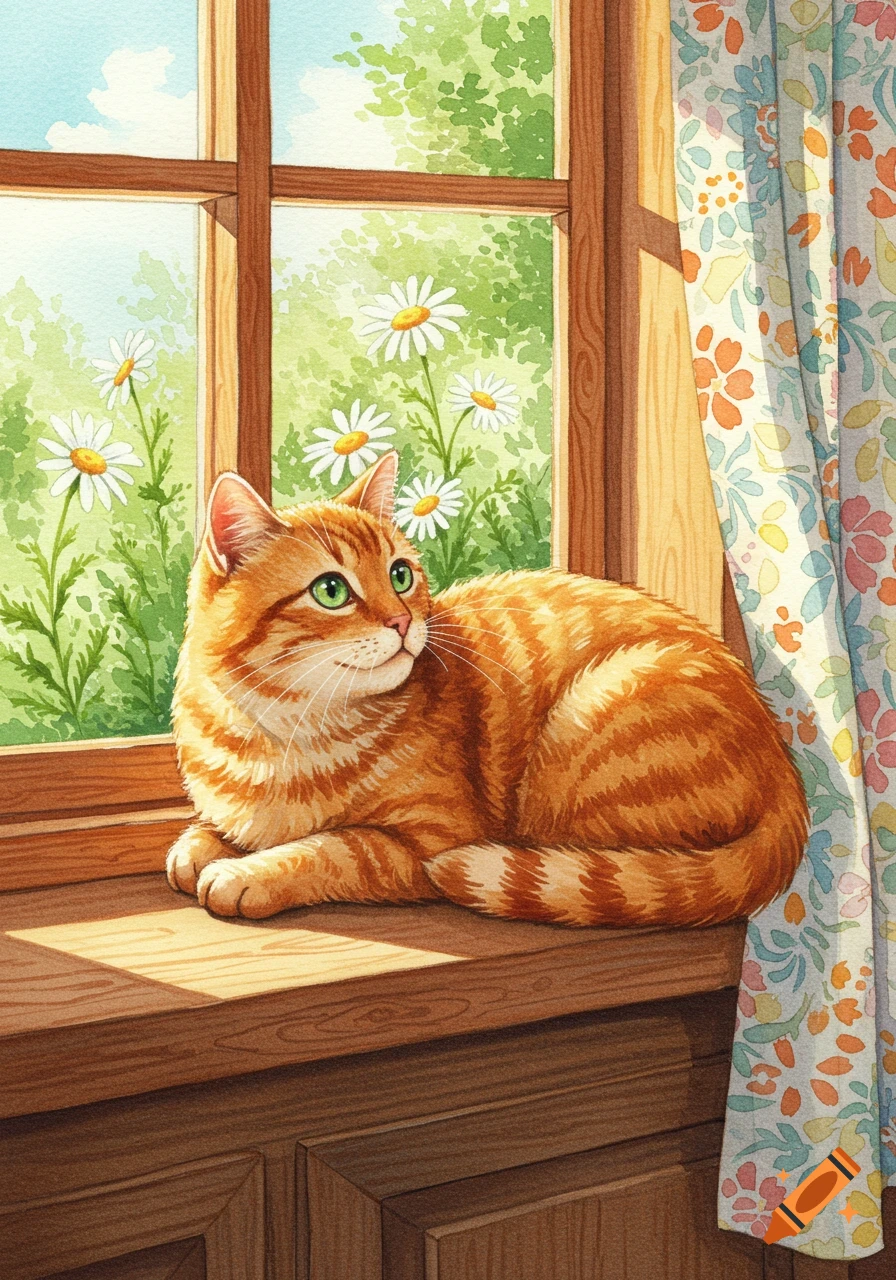 A watercolor painting of an orange tabby cat resting on a sunlit wooden windowsill, looking out at a garden with daisies.