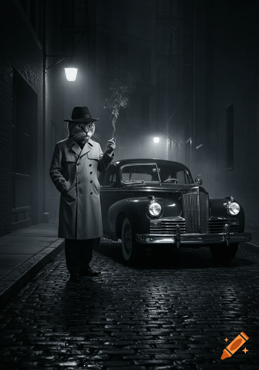 Black and white film noir image of a cat in a trench coat and fedora smoking next to a vintage car in a dark alley.