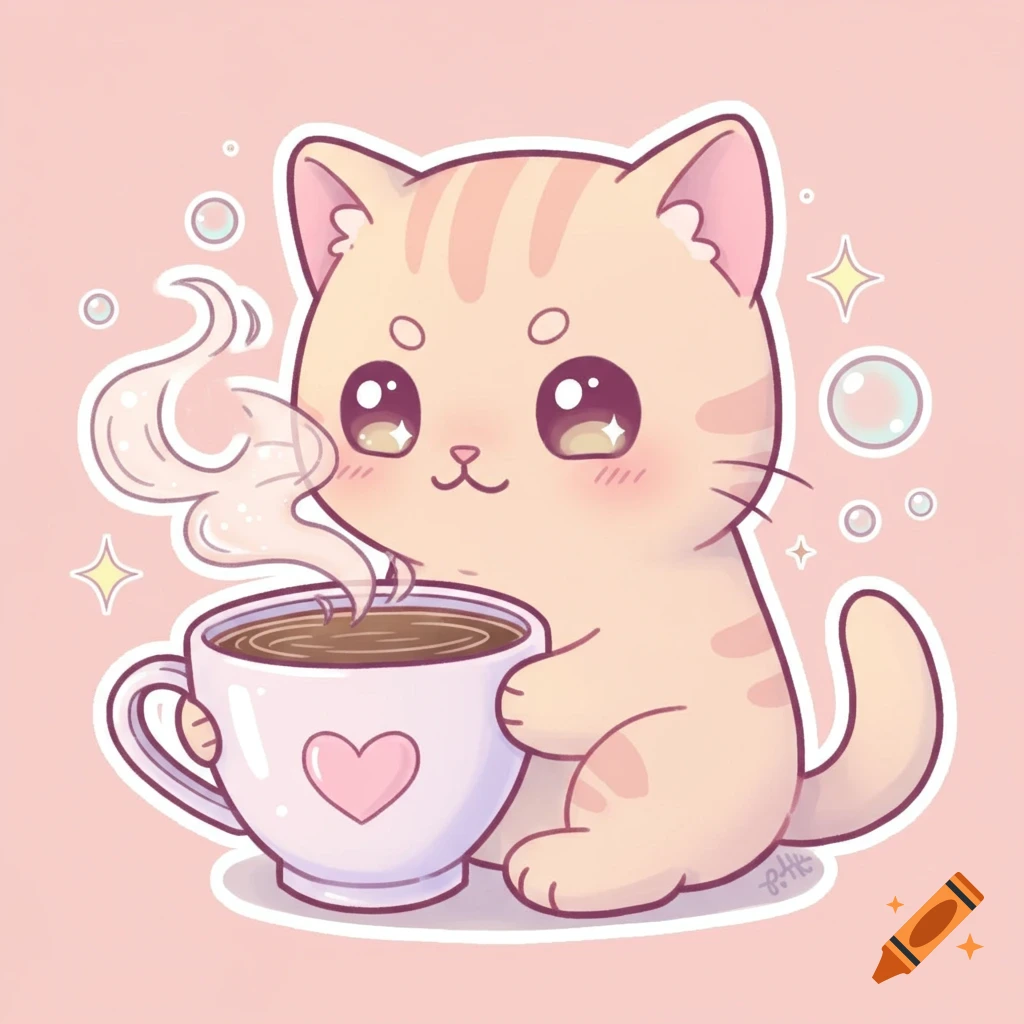 Cute kawaii style sticker of a light orange cat with big eyes sipping coffee from a pink mug on a soft pink background.
