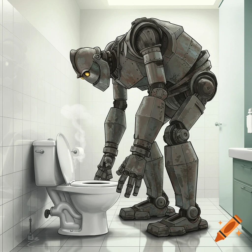 A large, rusty robot with glowing yellow eyes looks into a steaming toilet in a tiled bathroom, cartoon style.