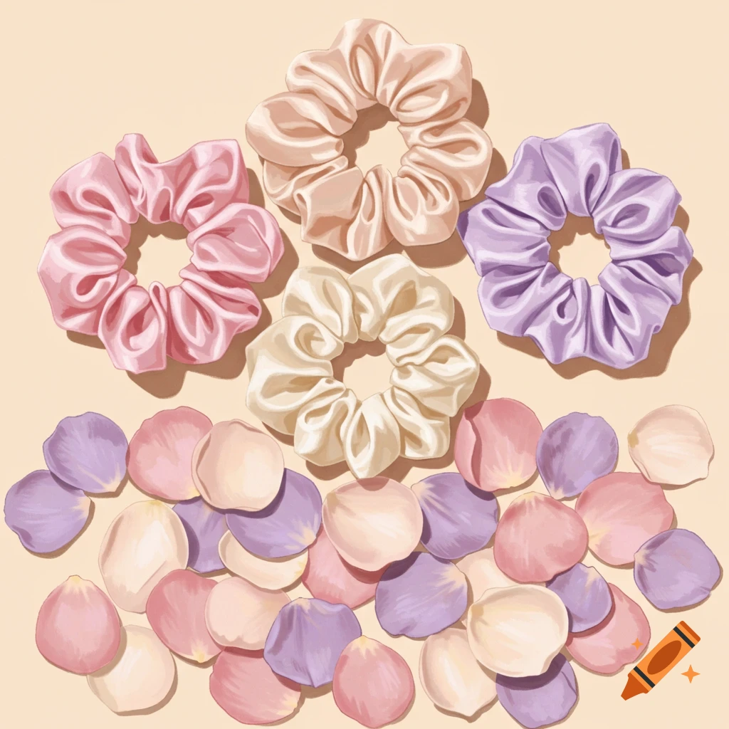 Five pastel satin scrunchies and scattered pink, purple, and cream flower petals on a light peach background in an illustration.