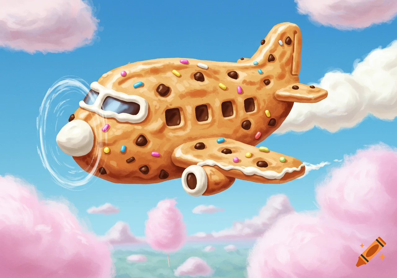 A cartoon cookie airplane with sprinkles and chocolate chips flies through a blue sky with pink and white cotton candy clouds.