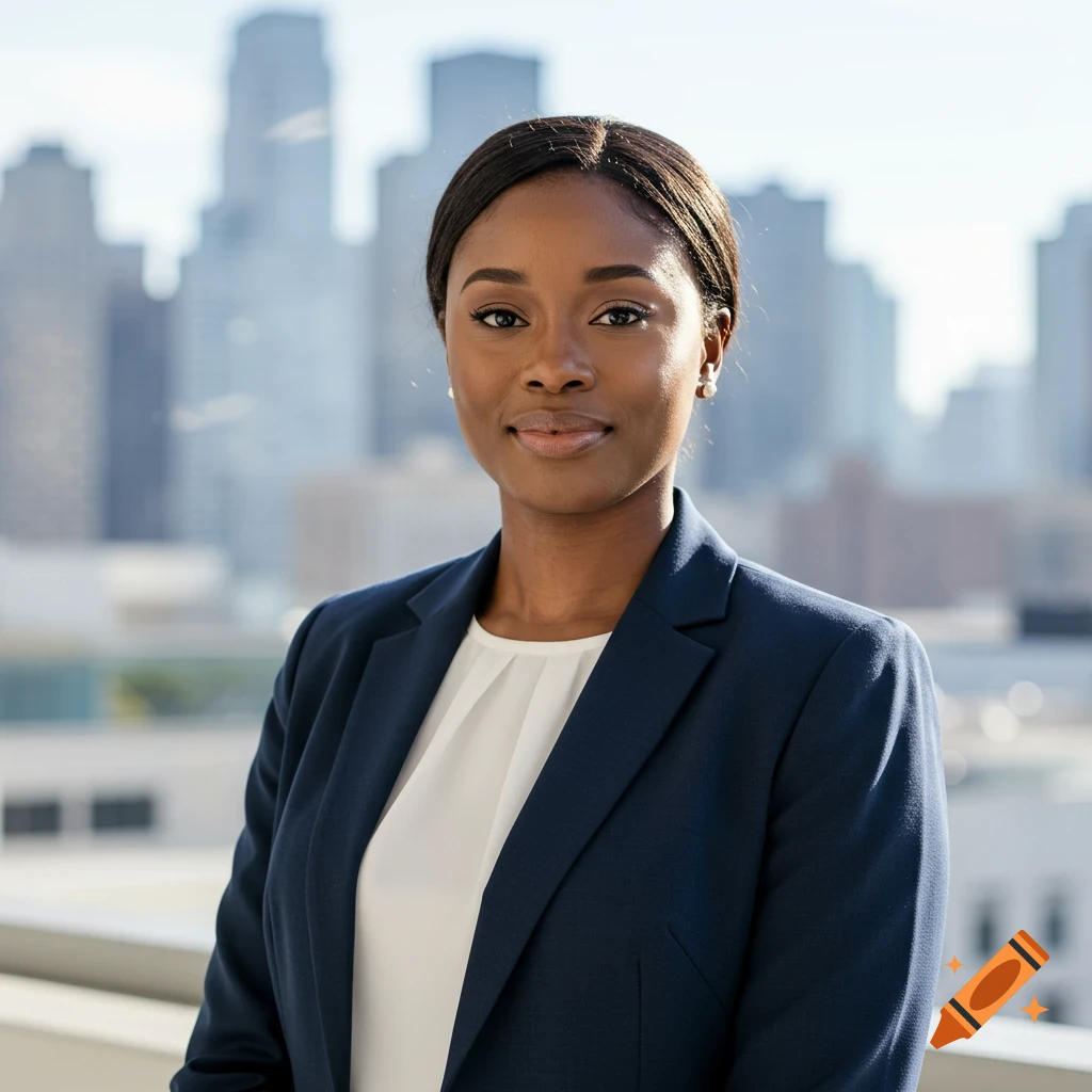 Photorealistic portrait of a confident Black woman in a navy suit and white blouse, smiling against a blurred city skyline.