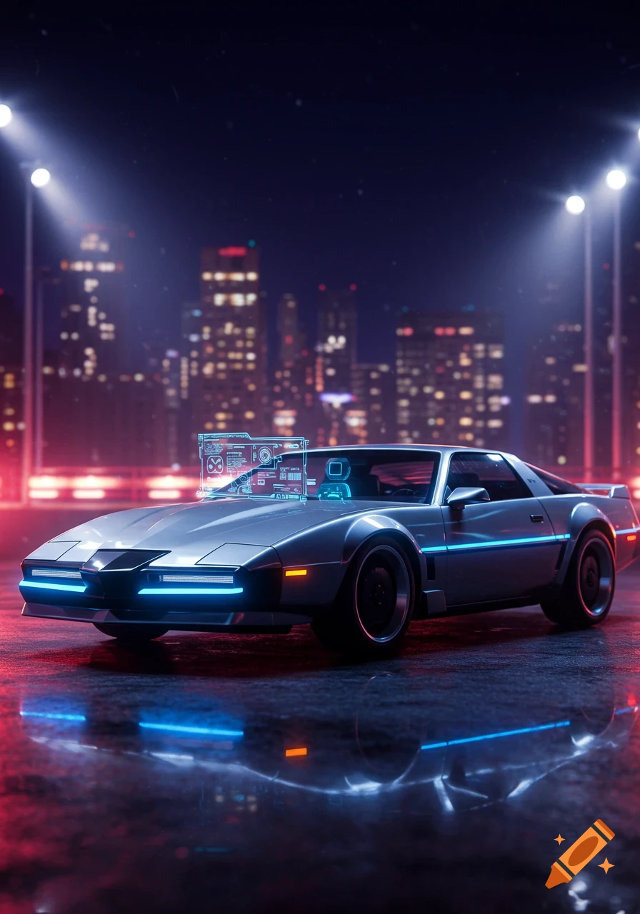 A futuristic silver car with neon blue lights and holographic displays on a wet city street at night, with a blurred cityscape in the background.