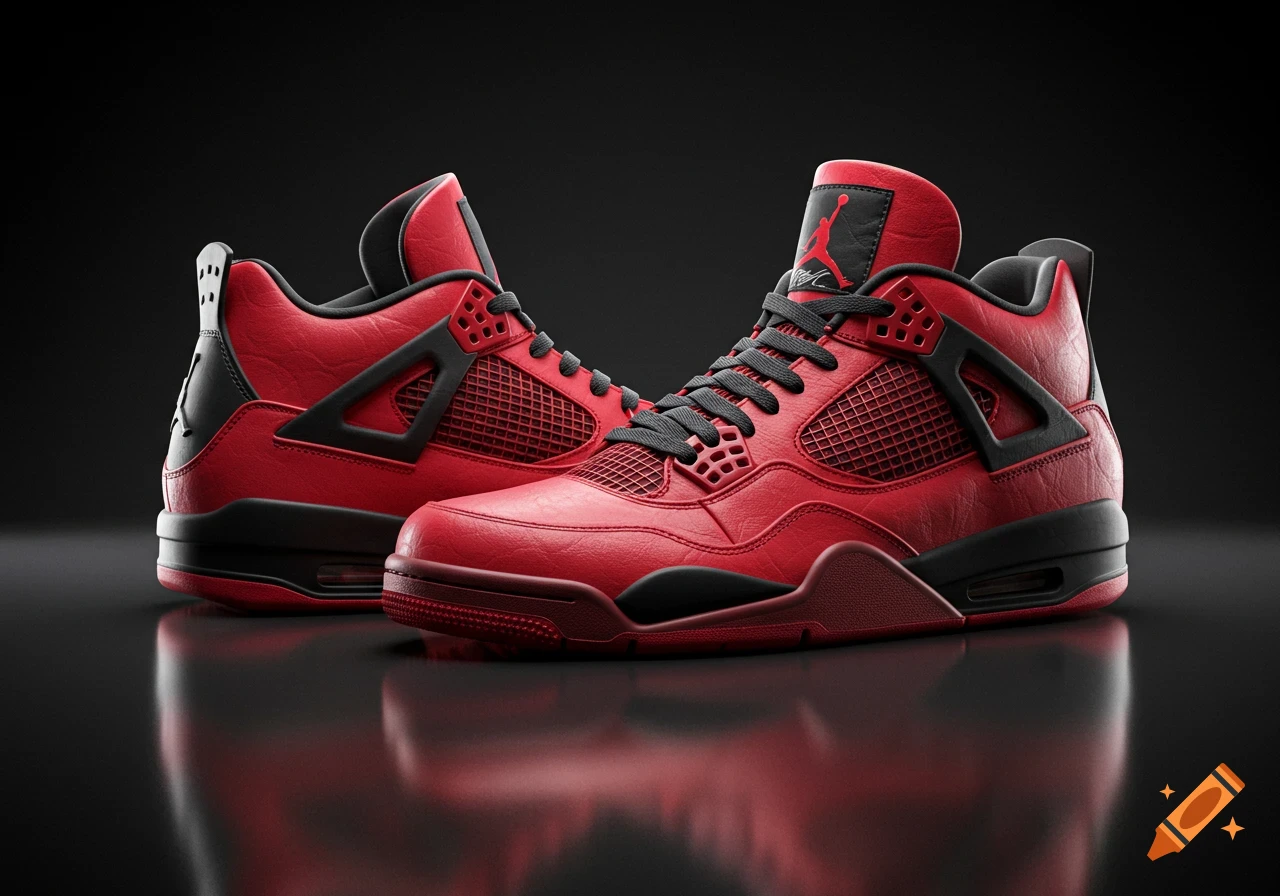 A pair of red and black Air Jordan 4 sneakers, featuring black laces and mesh details, on a dark reflective surface.
