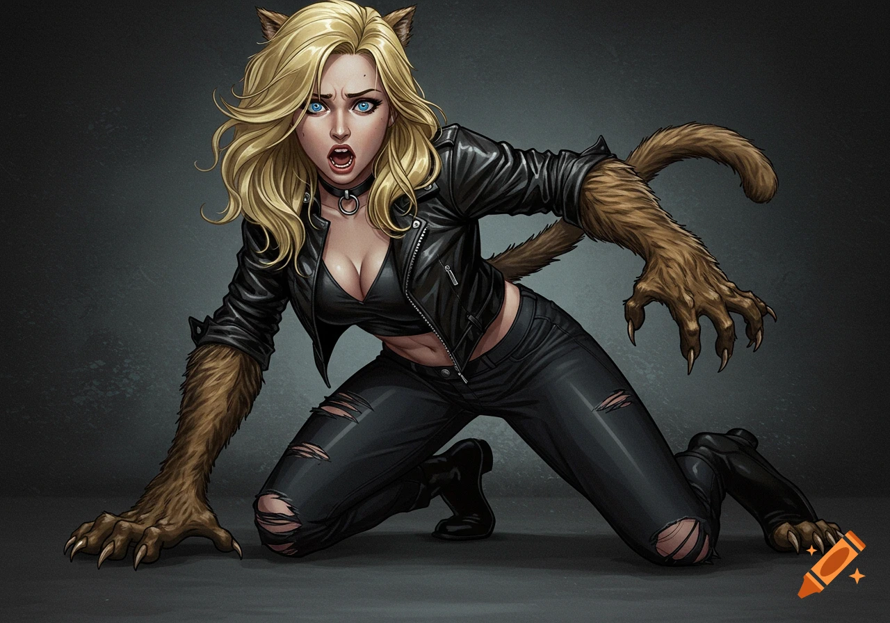 Illustration of blonde Black Canary transforming into a furred werecat, on all fours, wearing a black leather jacket and ripped jeans.