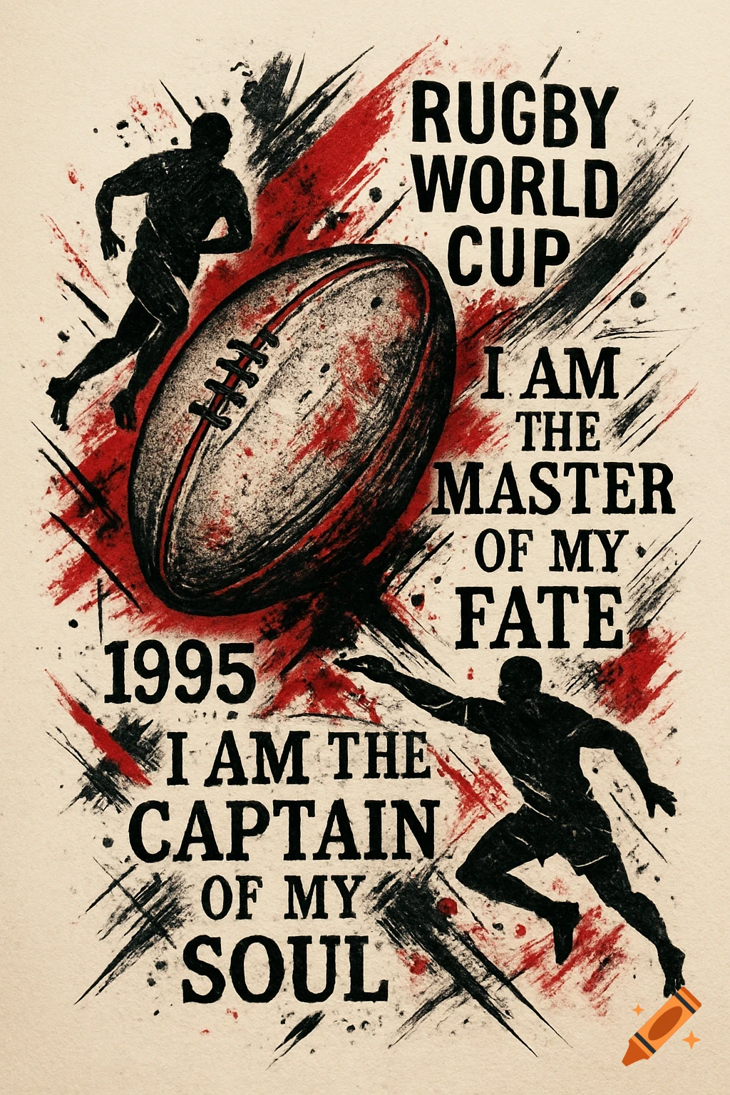 Two silhouetted rugby players and a rugby ball with text "RUGBY WORLD CUP 1995" and a quote, in a black and red trash polka art style.