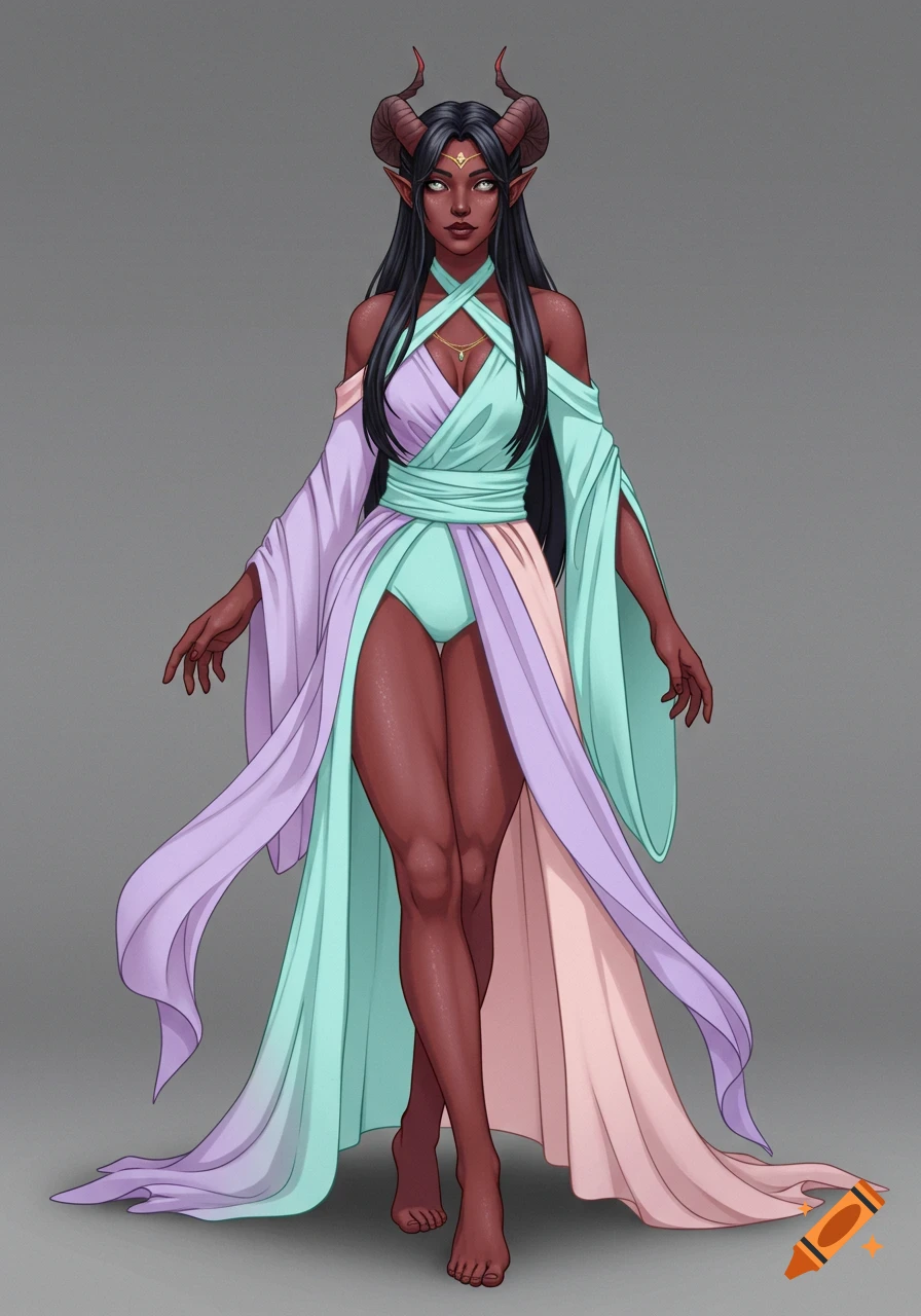 A dark-skinned tiefling aasimar character with horns, long black hair, and white eyes, wearing a pastel purple, mint green, and pink flowing dress. She stands barefoot against a plain grey background.