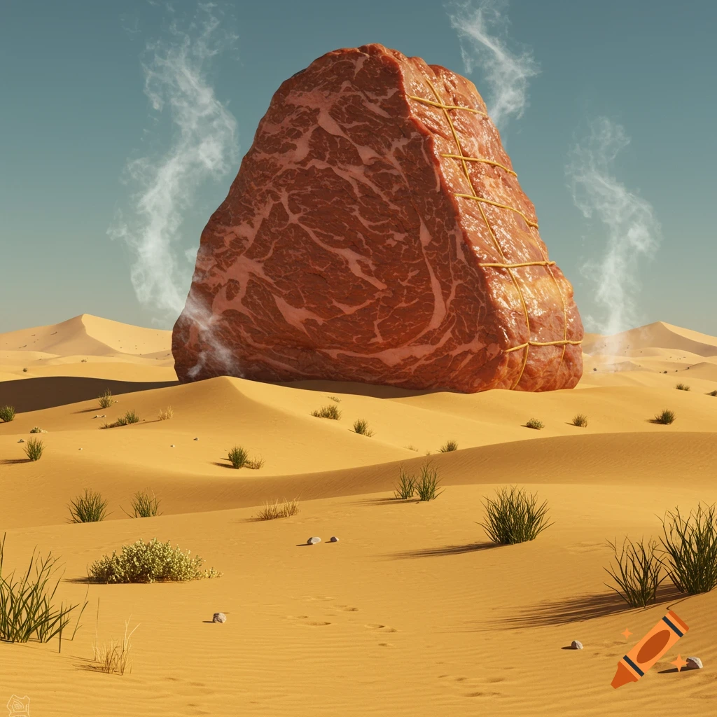 A giant, raw roast beef, tied with string, steaming in a vast desert landscape with sand dunes and sparse grass.