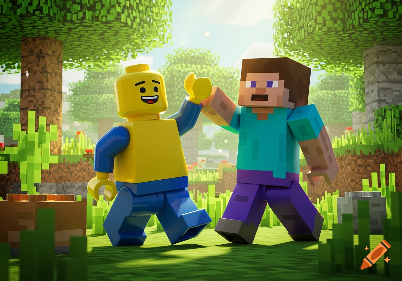 A Lego minifigure and Minecraft's Steve high-fiving in a sunny, blocky forest.