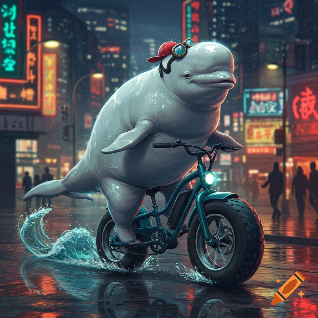 A happy beluga whale in a red cap and goggles rides an electric bike through a rainy neon-lit city street, splashing water.